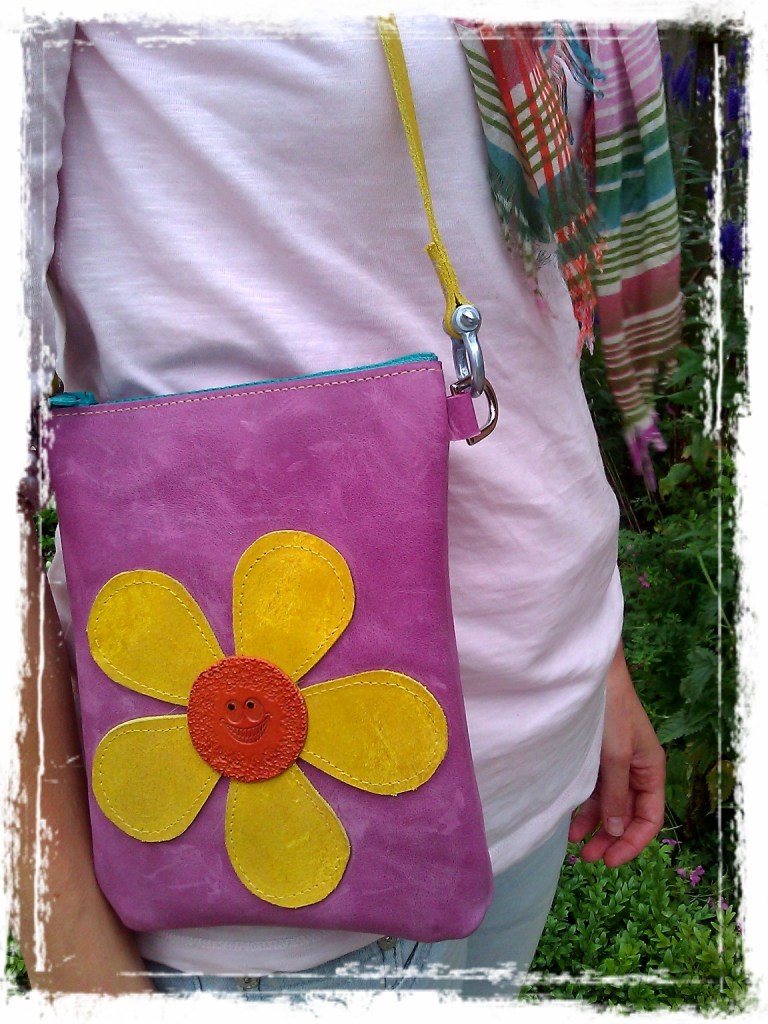 Handmade Leather Bag Purple with flower