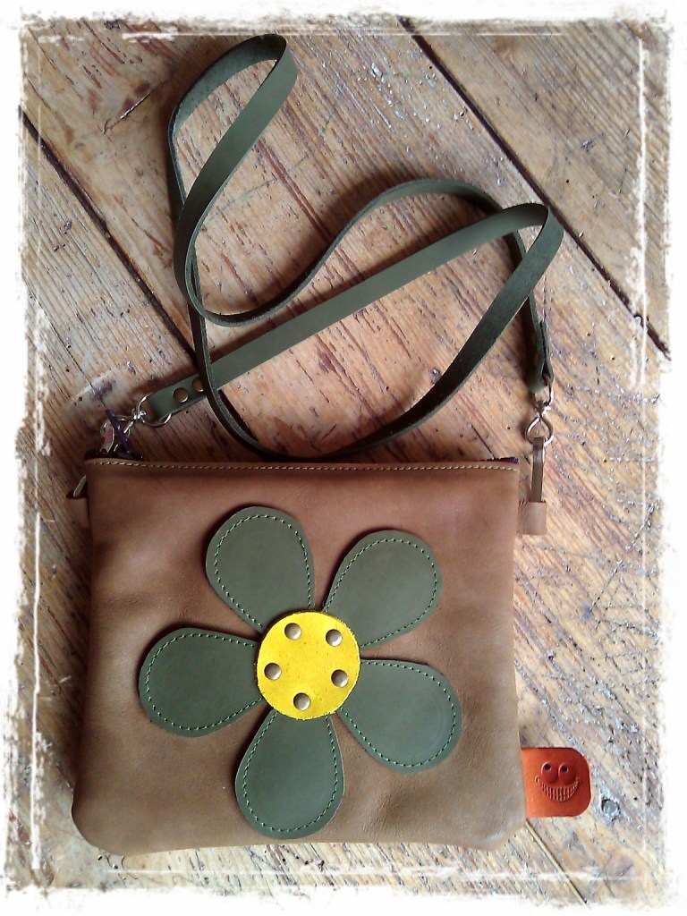 Little brown Handmade leather bag with flower