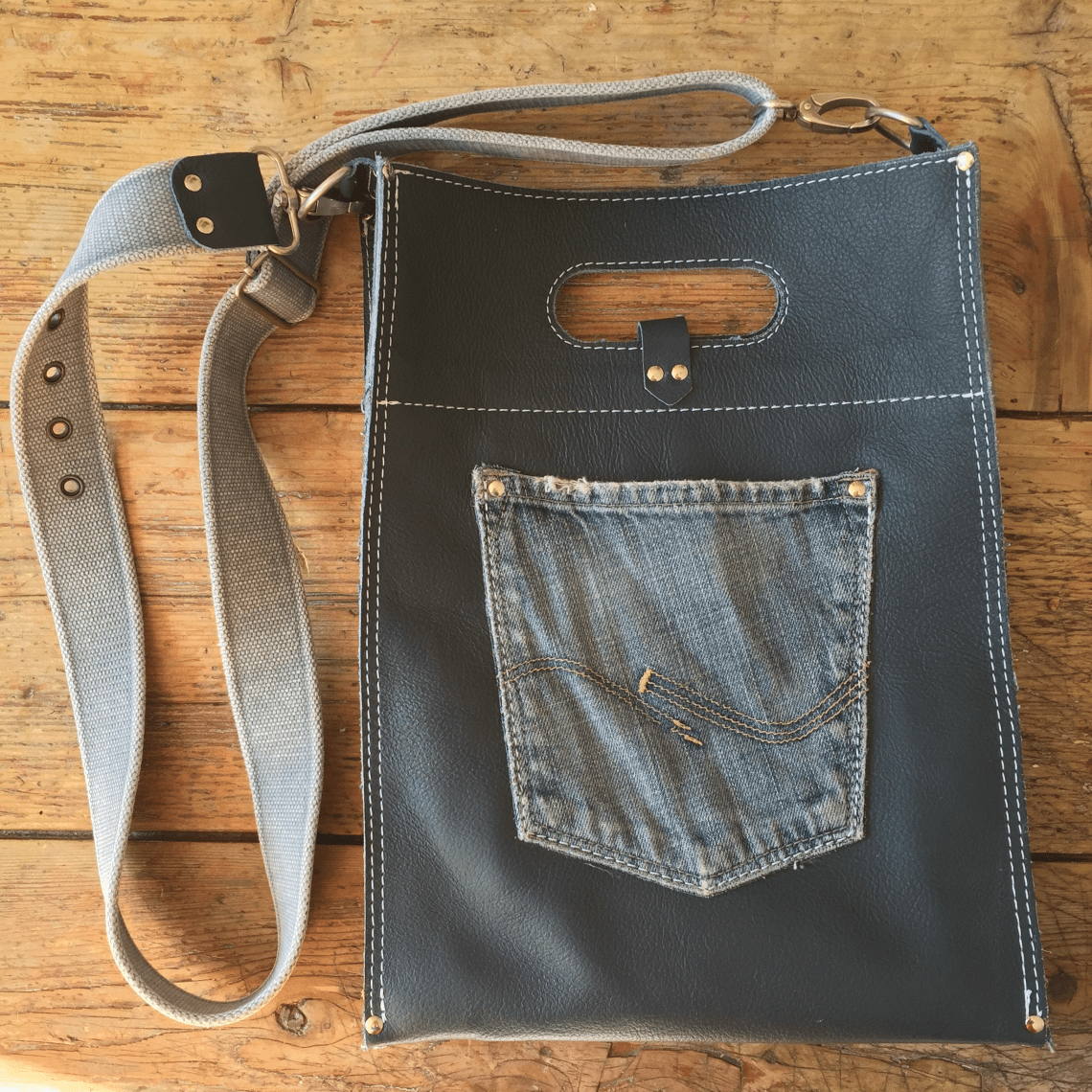 Leather bag Recycled leather and jeans 3