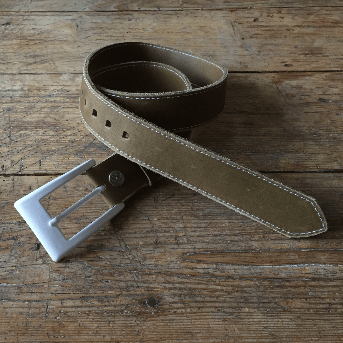 Raw green leather belt with white buckle